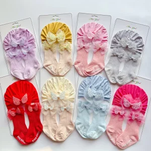 0-12months Newborn Baby Hat And Socks Set Lace Flower Middle Tube Anti Slip Silicone Socks For Girls