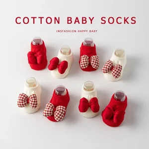 0-3 Years Girls Bowknot Socks Sweet Cute Baby Socks Red Plaid Princess Socks Cotton Floor Socks for Infants