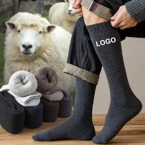 100% Merino Wool Men’s Casual Socks Winter Long Thickened Fuzzy Socks with Anti Slip Feature Bottom Logo