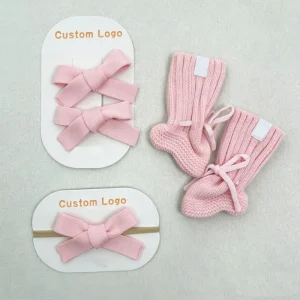 100% Organic Cotton Frill Baby Booties Headband Thick Knit Anti-Detachment Newborn Slipper Socks for Baby Girls Gif