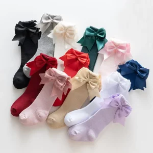 12 Colors Children’s Solid Fashion Swallow Tail Double Bow Knee Length Princess Socks Gifts