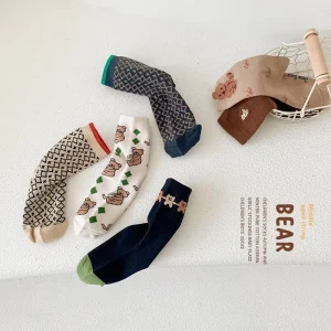 1234 Mid-Tube Diamond Autumn Cotton Crew Sweat-Absorbent Butterfly Pattern Knitted Bear Socks for Boys Girls
