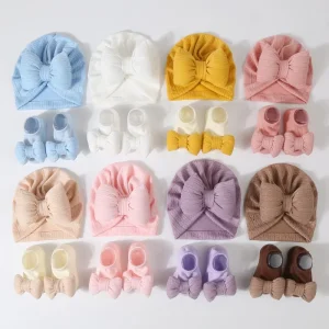 2Pcs Spring Autumn Cotton Ribbed Baby Hat Socks Set Baby Big Hair Bows Turban 0-12 Months Newborn Beanie Socks