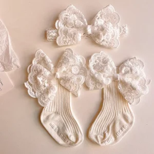 2pcs Bow Lace Baby Socks Newborn Cotton Baby Girls Sock Headband Cute Princess Style Toddler Socks