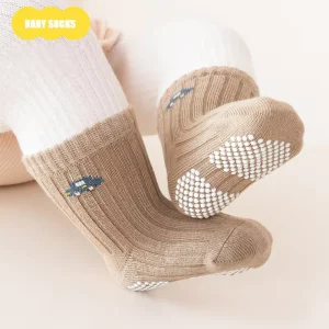 3 Pairs Set Baby Socks Solid Color Cartoon Mid Tube Non Slip Elastic Floor Socks Newborn Baby Cotton Grip Sock Set