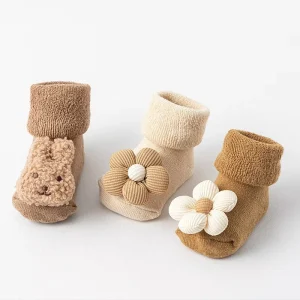 3D Cartoon Little Bear Mid Tube Non Slip Furry Socks Cotton Crew High Casual Knitted Winter Anti Bacterial for Toddlers Babies