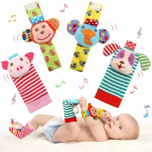 3D Cute Animal Cotton Socks Soft Baby Wrist Rattle Foot Finder Socks Set Newborn Kids Present for Birthday Holiday Birth