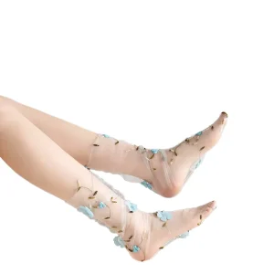 3D Thin Nylon Transparent Sheer Socks for Girls Loose Complex Embroidery Floral Lace Tulle Breathable Pattern