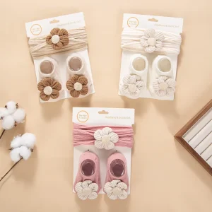 3Pcs/Set Cute Neutral Blossom Flower Cream Latte Baby Nylon Headbands with Cotton Breathable Baby Socks
