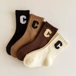 4 Colors Kids Crew Socks Jacquard Custom Logo Solid Color Thick Warm Winter Socks Boys Girls C Pattern Child Socks