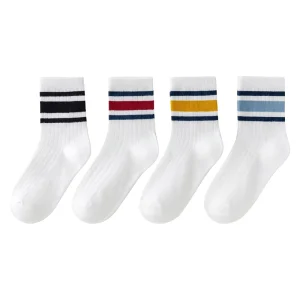 4 Colors Mix Cute Fashion Striped Sweat-Absorbent Custom Cotton Spandex Tube Casual Autumn Kids Crew Socks Knitted Standard
