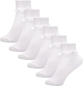4 Kids Girls Frilly Lace Ankle Socks Pack 6 White Spandex Cotton Breathable Delicate Lace Trim School Everyday Wear Durable