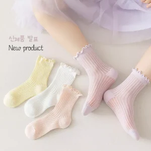4 Pairs Set Spring Summer Girls Mesh Ruffle Socks Korean Style Thin Breathable Cotton Children’s Lettuce Trim Socks