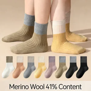 41% Merino Wool Color Block Ribbed Kids’ Crew Socks