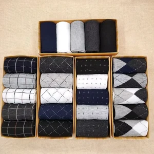 5 Pairs Business Men’s Mid Calf Socks Winter Warm Thermal Dress Socks Solid Color Bulk Present for Daily Office Wear