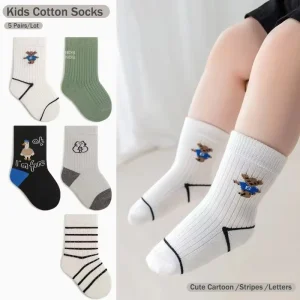 5 Pairs Lot New Mid-calf Socks For Kids Spring Autumn Soft Cotton Baby Socks Cute Cartoon School Socks Age 0-8Y