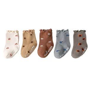 5 Pairs Spring Autumn Ruffled Ankle Girls’ Socks 0-3 Year Old Babies Non Slip Cotton Socks