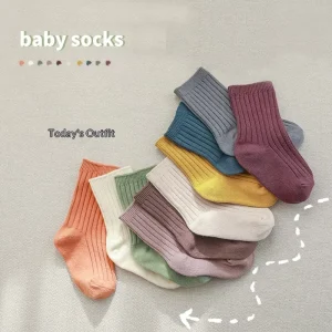 5 Pairs Unisex Baby Crew Socks Solid Color Nature Cotton Breathable Ribbed Ankle Socks for Infants & Toddlers