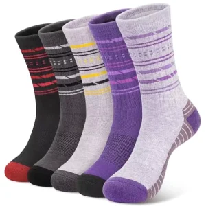 5 Pairs Womens Merino Wool Hiking Socks Winter Warm Crew Moisture Wicking Thick Cushioned Striped Boot Knitted
