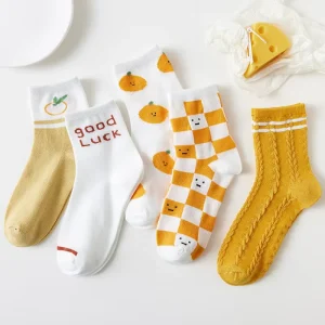 5 Pairs of a Pack of Women’s Middle Tube Autumn Cartoon Fruit Orange Socks Girl Sock College Wind Socks
