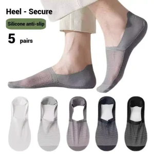 5pairs Men’s No Show Socks Ice Silk Mesh Ultra Thin Breathable Hollow Out Low Cut Invisible Socks with Silicone Heel Grip