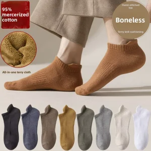95% Cotton Casual Men’s Seamless Thick Terry Boat Socks Solid Color Thickened Boneless Ear Lift Low Cut Short Socks