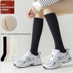 95% Cotton Knitted Summer Thin Womens Socks Japanese Style Solid Color Mid-Calf Sweat-Absorbent Casual Leg-Slimming