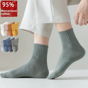 95% Cotton Men’s Mid Calf Socks Summer Breathable Solid Color Combed Cotton Long Antibacterial Deodorizing Sweat Absorbing Socks