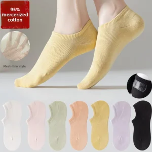 95% Cotton Summer Womens Seamless Thin No Show Socks Solid Color Combed Cotton Mesh Shallow Cut Invisible Anti Slip Deodorizing