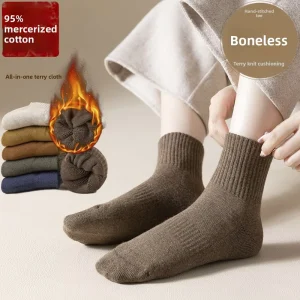 95% Cotton Womens Mid Calf Socks Solid Color Fleece Lined Thickened Seamless Terry Sweat Absorbent Single Needle Weave