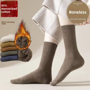 95% Cotton Women’s Seamless Sweat Absorbent Towel Base Mid Calf Socks Solid Color Autumn Winter Long Fleece Lined Thick Terry