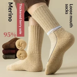 95% Wool Men’s Merino Thick Winter Knitted Terry Socks Keep Warm Middle Tube Hiking Socks