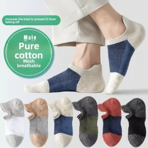97% Cotton Men No Show Ankle Socks Breathable Mesh Summer Anti Odor Low Cut Boat Socks Color Block Casual Non Slip Short Socks