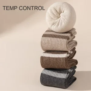 98.1% Cotton Thermal Socks Men Winter Fleece Lined Thick Towel Soled Mid Calf Striped Odor Resistant Long Socks O06 S02 M01