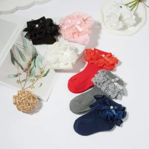 Adorable Baby Girl Socks Frill Lace & Bow Ankle Socks Soft Cotton Kids Stockings with Pearl Details