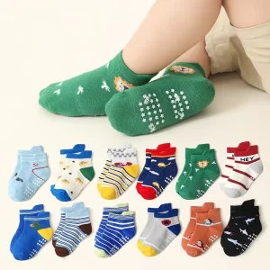 Anti Slip Combed Cotton Baby Socks 12 Pairs One Set Baby Socks Cartoon Cute Kids Socks