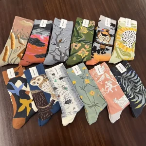 Artistic Oil Painting Crew Socks Cotton Asymmetric AB Style Retro French Fashion for Men & Women
