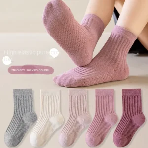 Autumn Casual Girls Children’s Socks High Elasticity Sweat Absorbent Solid Color Knitted Crew High