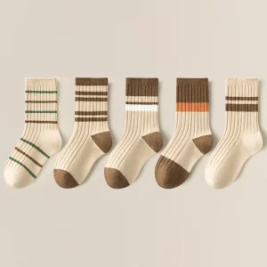 Autumn Children Socks Double Needle Boys’ Girls’ Mid Calf Older Kids Cotton Breathable Pack of 5 Pairs