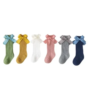 Autumn Children’s Casual Mid Tube Crew Socks Knitted Baby Socks with Candy Colored Bow and Plain Pit Strip for Kids