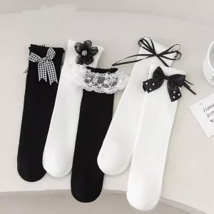 Autumn Children’s Plaid Bow Mid-tube Socks Baby Socks Solid Color Mid-tube Non-floor Socks