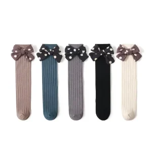 Autumn Girls Socks Combed Cotton Children’s Version Wave Point Bow Baby Middle Tube Socks