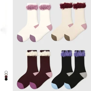 Autumn Kids Girls School Children Eco Friendly Breathable Sweet Style Cotton Boneless Reverse Knitted Raw Edge Socks