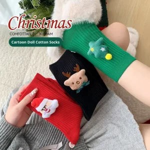 Autumn Winter Christmas Women’s Anti Bacterial Crew Socks Creative Cotton Double Needle Striped Mid Tube New Year Socks