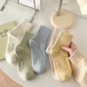 Autumn Winter Cotton Crew Socks with Grip Custom Logo Women’s Cream Soft Transparent Knitted Design Socks