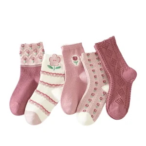 Autumn Winter Girls’ Children’s Cotton Tulip Cartoon Mid Calf Socks Crew Length Loose Edge Lace Baby Socks