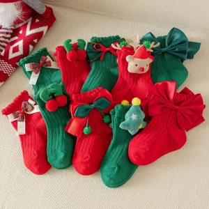 Autumn Winter Knitted Children’s Red Crew Socks Cute Cartoon Princess Design for Little Girls for Christmas and New Year