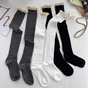 Autumn Winter Knitted Solid Color Lace for Knee Length Insulation Customized Design Jacquard Adult Women’s Socks