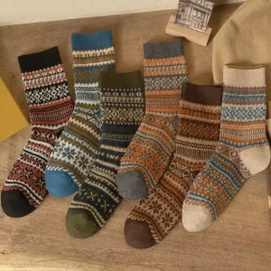 Autumn Winter Men’s Casual Socks Retro Geometric Patterns Japanese Fashion Ethnic Vintage Crew Eco Friendly
