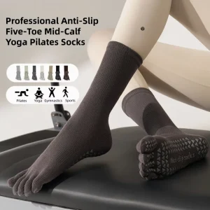Autumn Winter Mid-Calf Five-Toe Yoga Socks for Women Anti-Slip Pilates-Specific Sports Compression Toe-Separating Solid Color